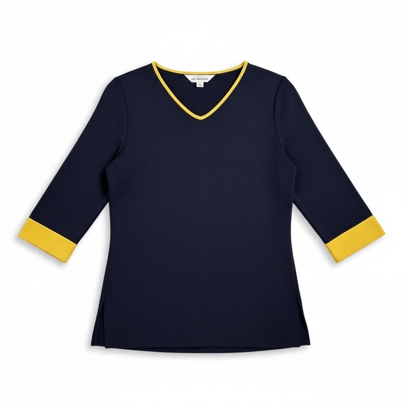 4/$20 Exclusively Misook Navy Yellow Trim V-Neck Sweater Top Small - Picture 2 of 4